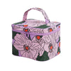 Floral-patterned makeup bag with a purple handle on a light gray background