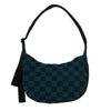 Green and black checkered bag with a strap on a white background