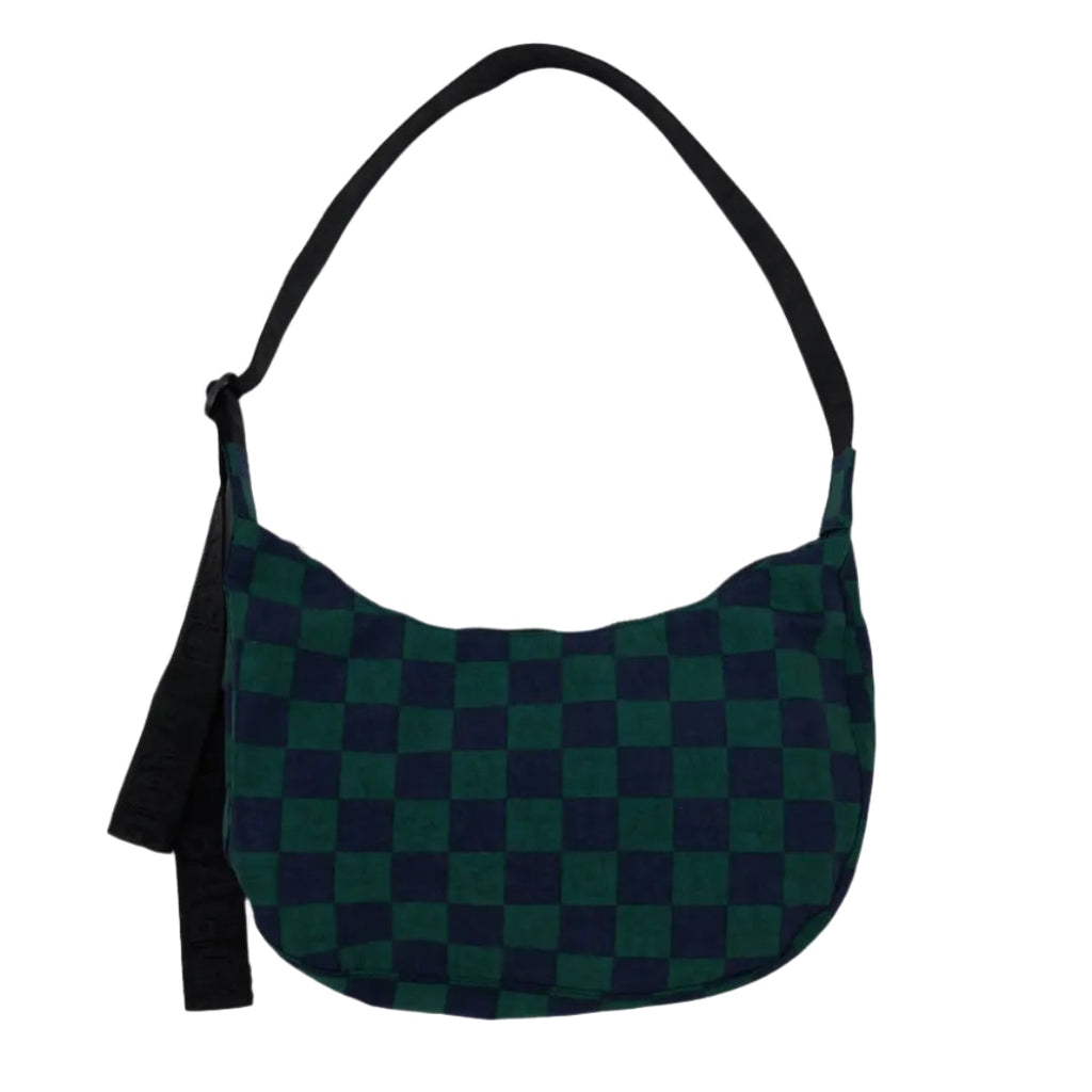 Green and black checkered bag with a strap on a white background