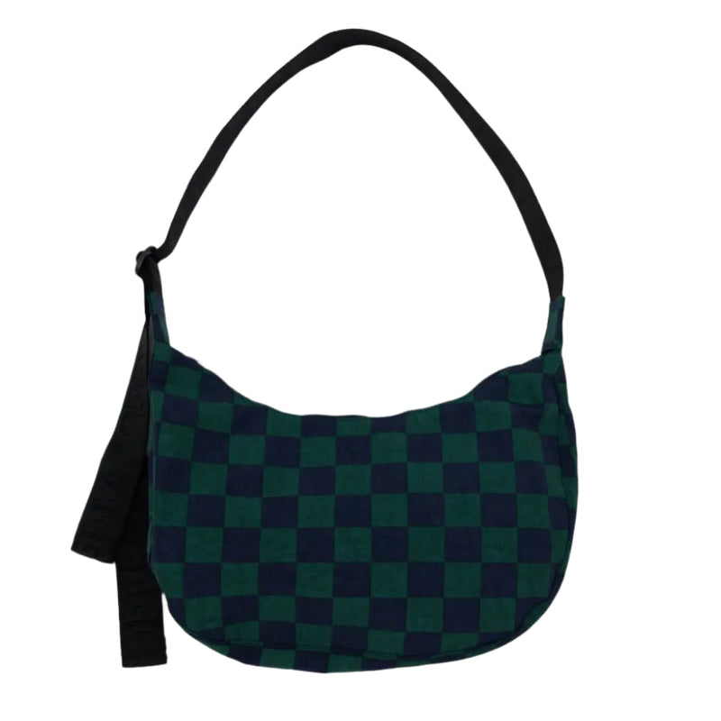 Green and black checkered bag with a strap on a white background