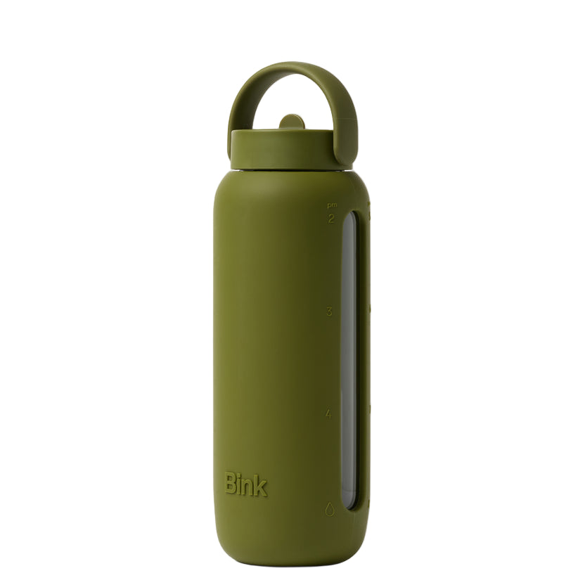 Light blue water bottle with a carrying handle on a white background