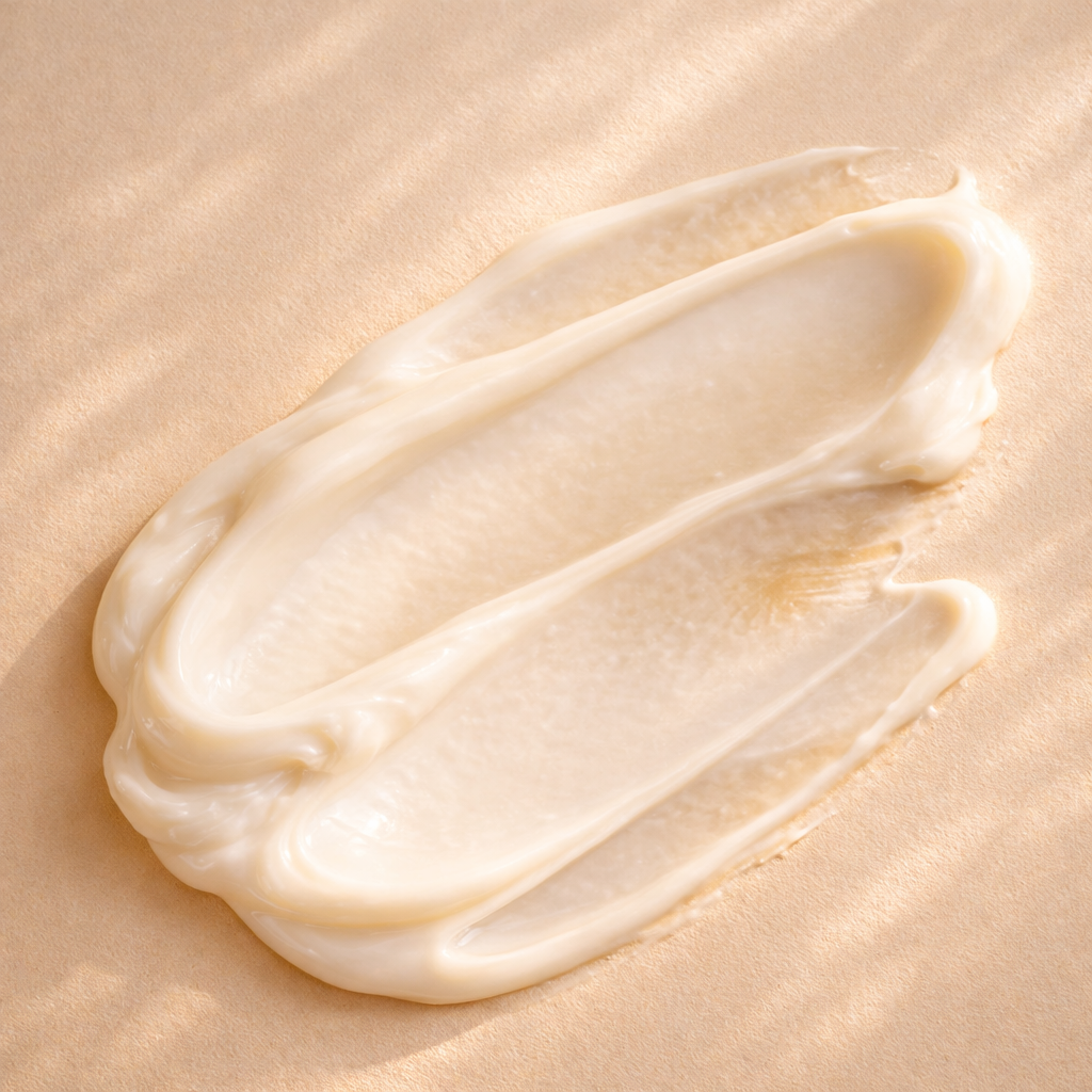 Lotion texture swipe on a sunlit beige background