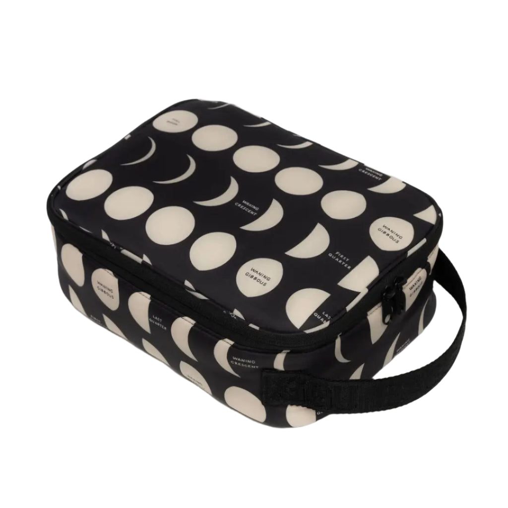 Black lunch bag with white moon phase pattern on a white background