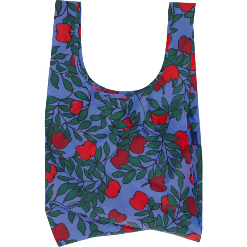 Reusable bag with red apple pattern on a blue background