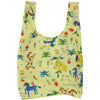 Reusable bag with colorful animal and plant pattern on a light green background