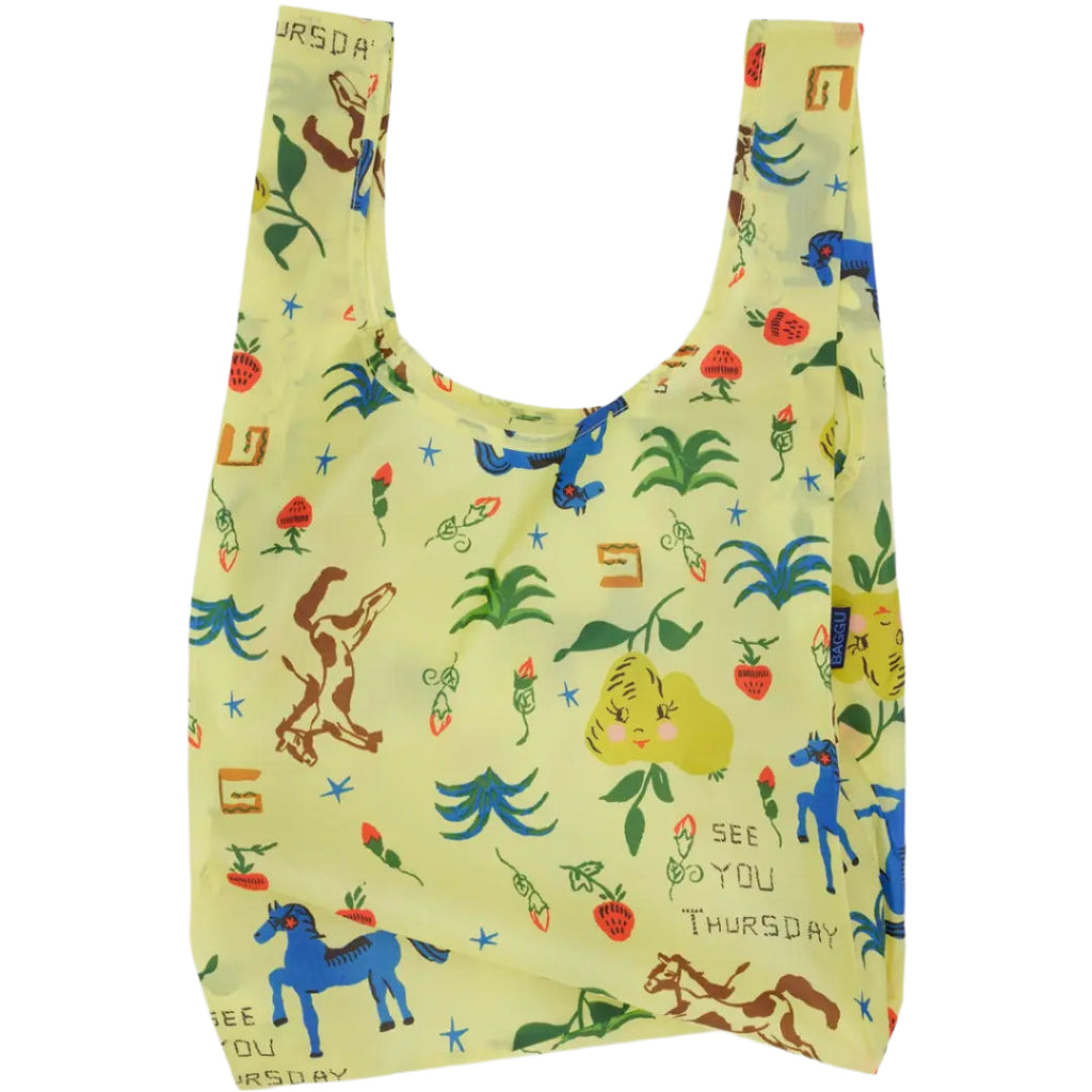 Reusable bag with colorful animal and plant pattern on a light green background