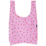 Pink reusable bag with floral pattern on a white background