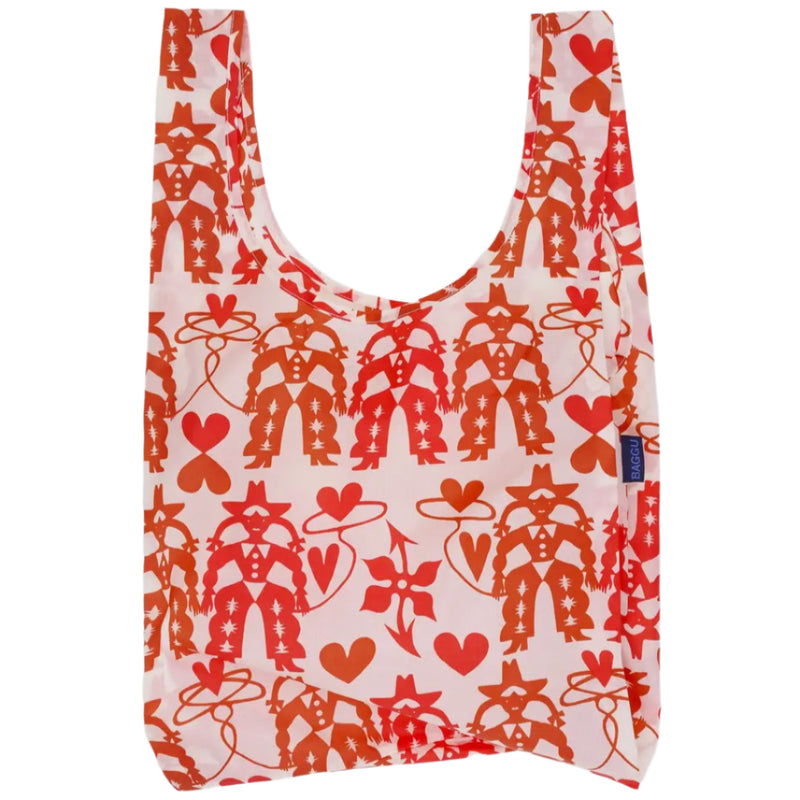 Reusable bag with red cowgirl pattern on a white background